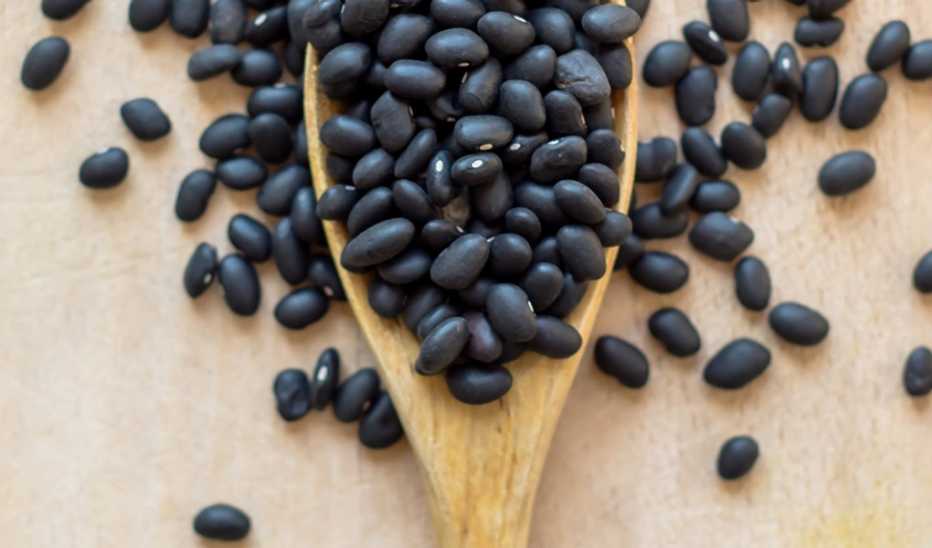 An up-close view of black beans on a wooden spoon
