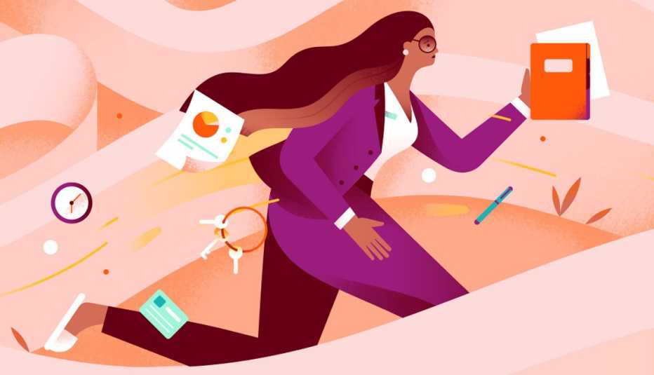 woman running at work with scattered items around her