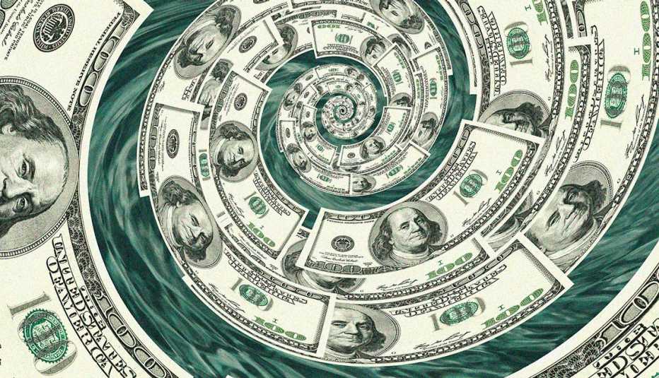Many hundred dollar bills spinning down a drain or whirlpool in a spiral large amount of hundred dollar bills spinning down a drain or whirlpool in a spiral on a background that looks like water