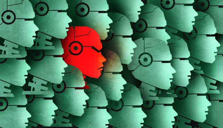 Numerous green robots heads with happy expressions and one red robot head with an angry expression- artificial intelligence growth risk concept. The White House issued an executive order surrounding protections for risks associated with artificial intelligence, including fraud.