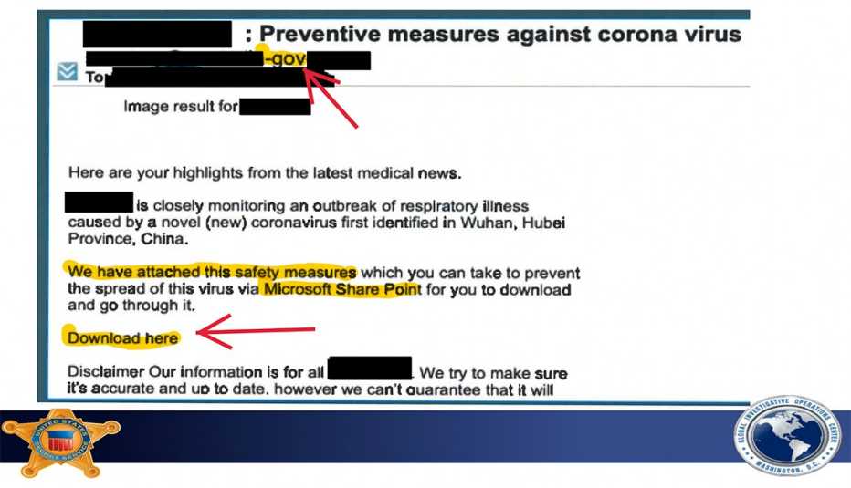 An example of a coronavirus phishing scam via email An example of a coronavirus phishing scam via email
