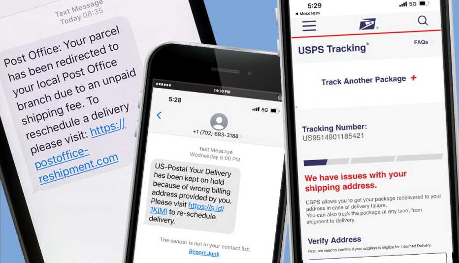 collage of three mobile phones all showing scam text messages and screens about packages purported to be from the US Post Office. collage of three mobile phones all showing scam text messages and screens about packages purported to be from the US Post Office.
