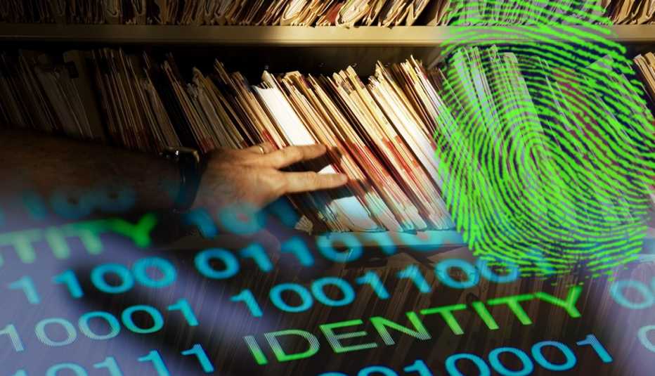 Collage of images with a fingerprint, man grabbing a file folder and identity symbol