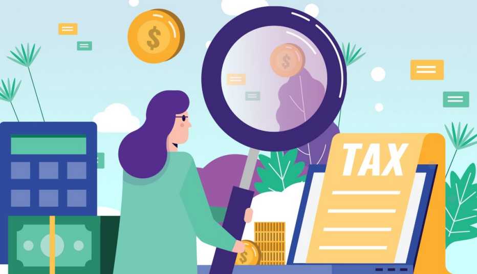 a woman with a magnifying glass looking at her taxes