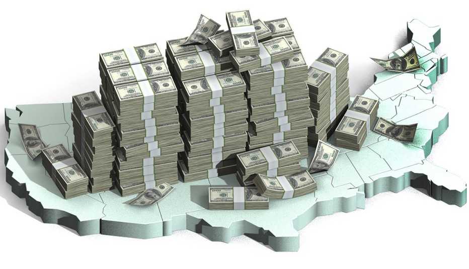 stacks of money on a US map
