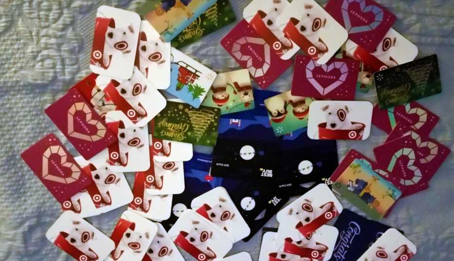 pile of gift cards from various retail stores