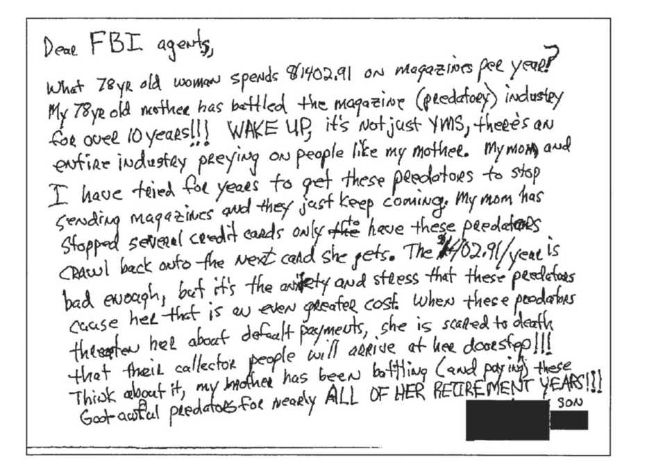 A criminal case against allegedly fraudulent magazine sellers features a son’s letter to the FBI complaining about predatory telemarketers.