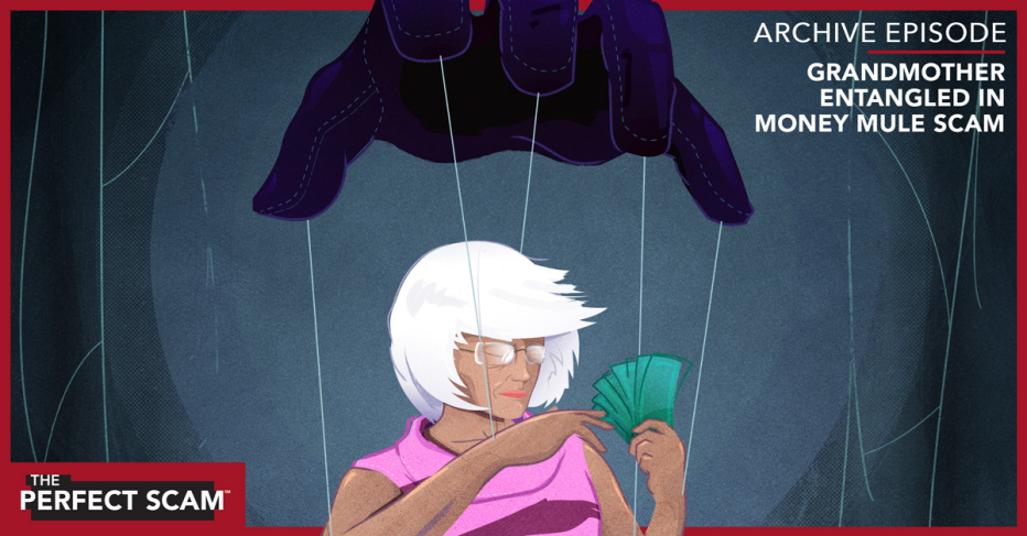 A hand hovers over a woman who is cutting strings and holding money