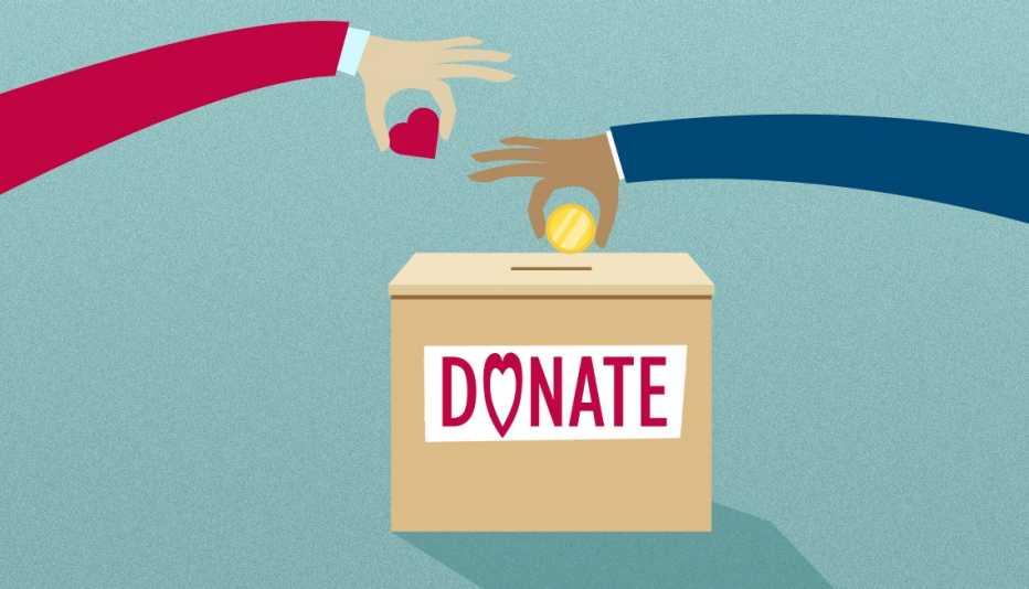 arms reaching to donate money and care into a charity donation box