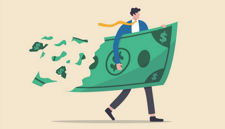 Man. holding a giant dollar bill that is disintegrating and being ripped off behind his back