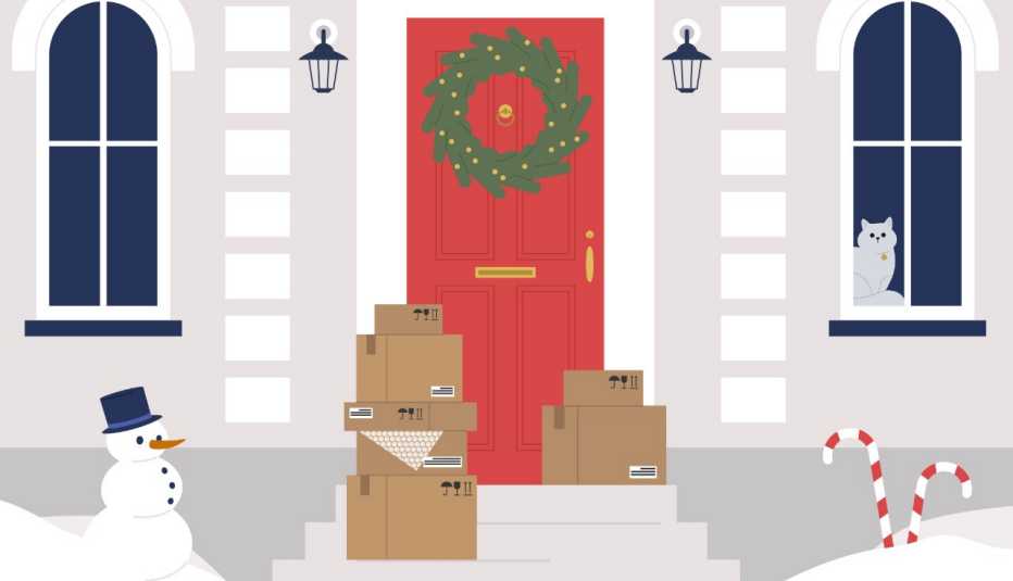 Holiday package delivery left on a front door step. Red door with holiday wreath is behind the boxes, along with a snowman and candy canes. A cat looks out the window. Porch pirates are all too common during the holiday season and can steal your packages from your front steps.