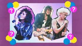 Cutouts of Whitney Houston, Jon Bon and Madonna performing; surrounded by yellow, blue and purple circles with question marks in them on purple background