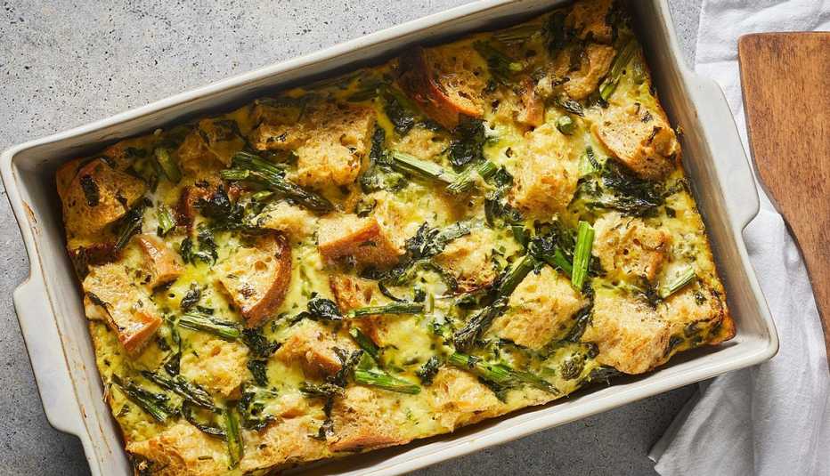 A close-up view of vegetarian spring egg casserole in a pan