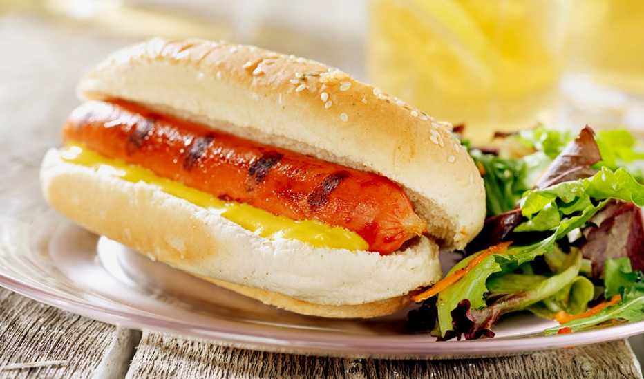 A close-up view of a hot dog and salad on a plate