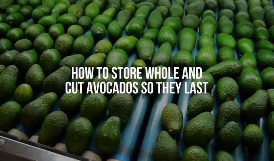 A close-up view of avocados with the text "How to store whole and cut avocados so they last"