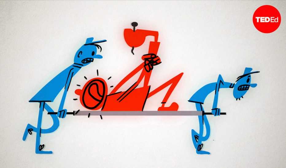 An illustration of two paramedics carrying a patient on a stretcher
