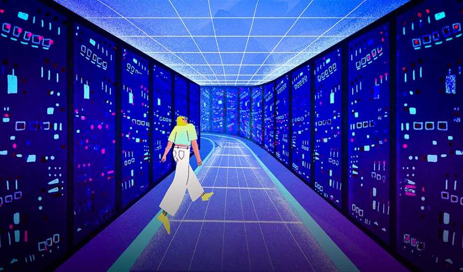 An illustration of a person walking through a data center